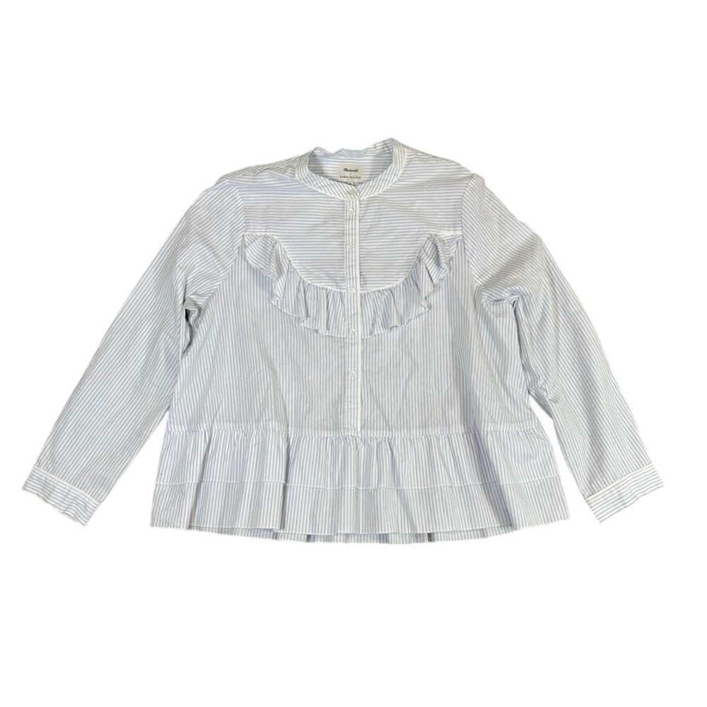 Madewell x Karen Walker Blue White Pinstripe Ruffle Tiered Blouse XXL L/S Top